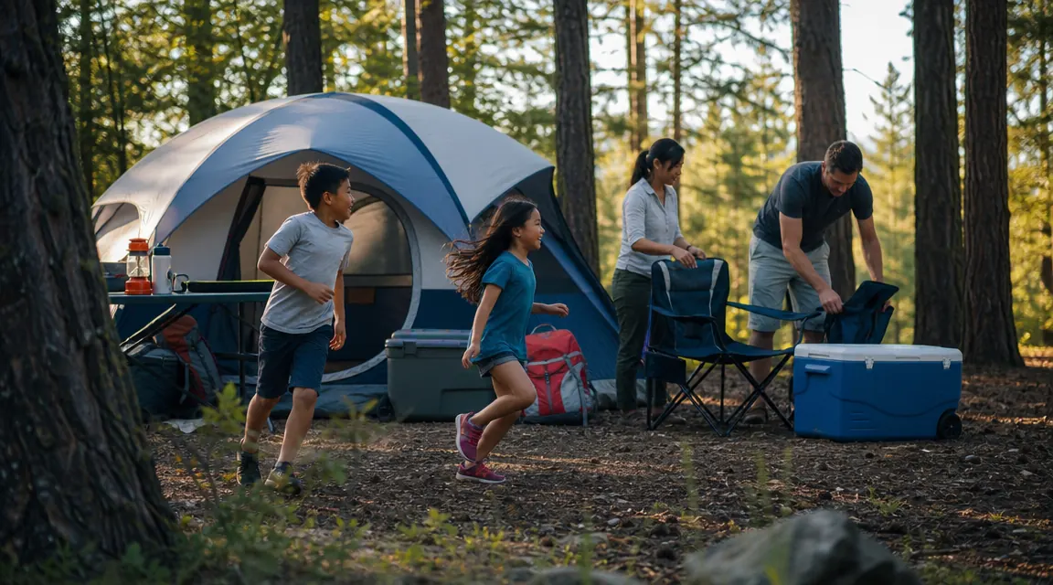 Family setting up a large green instant tent at a wooded campsite on a bright afternoon