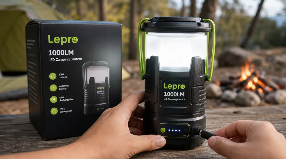 Green camping lantern hanging from a tent loop inside a tent, casting soft even light over sleeping bags and gear