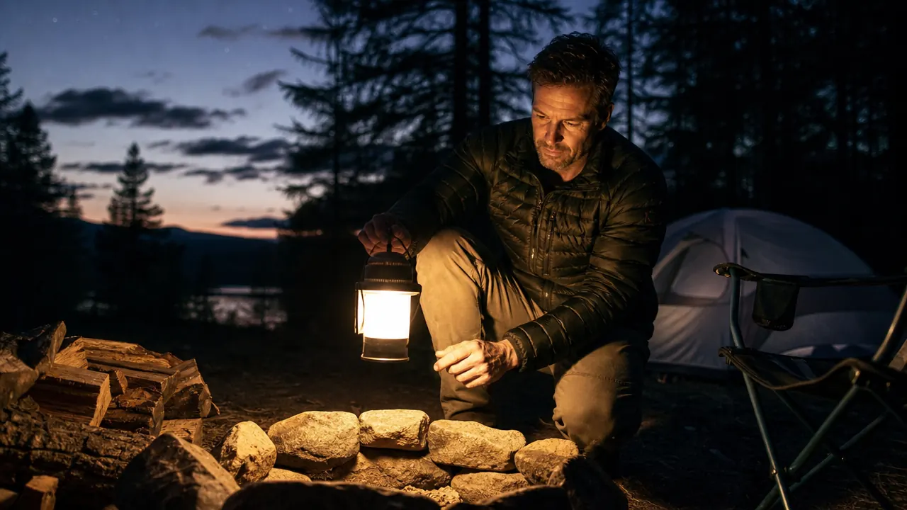 Rechargeable LED camping lantern glowing warm white on a wooden picnic table at dusk, pine trees in background