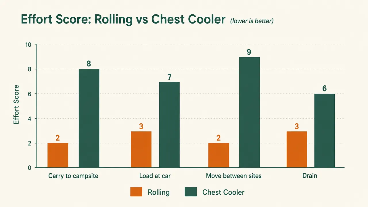 Side-by-side chart comparing ice retention days and carry effort for rolling cooler vs traditional chest cooler