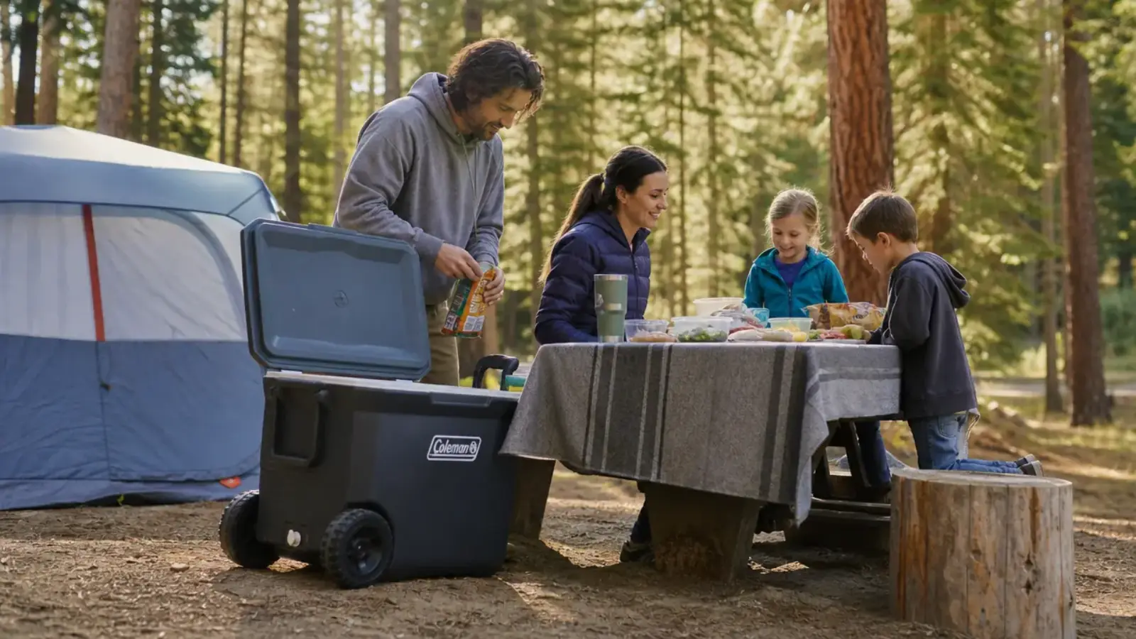 Coleman rolling cooler with extended handle parked at a gravel campsite next to a picnic table, pine trees in background