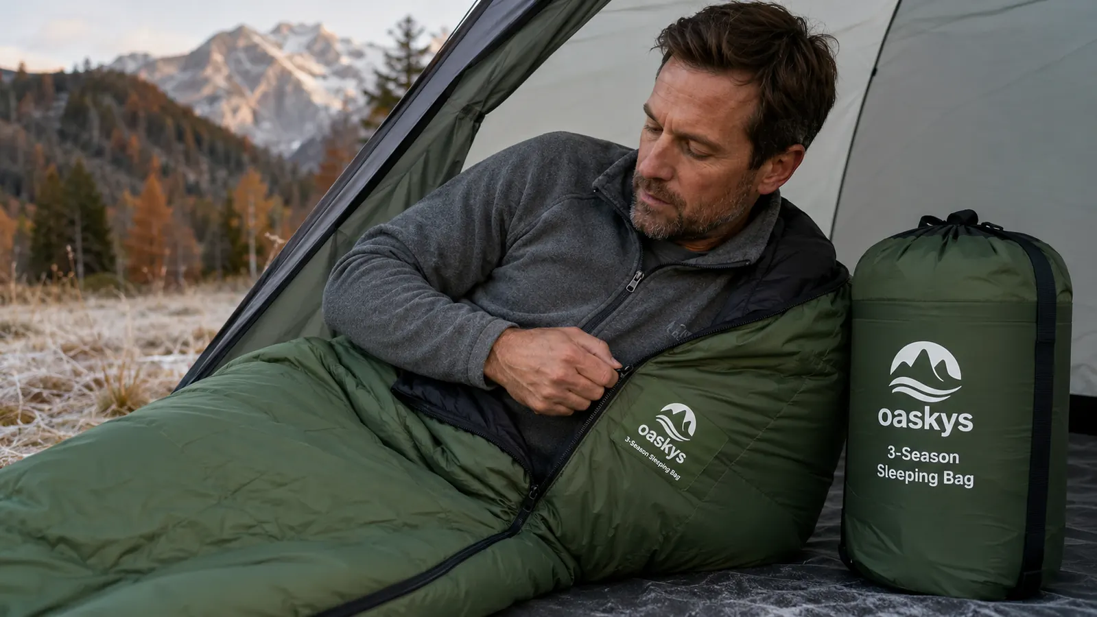 Camper zipping up a sleeping bag in cool evening air at a forested campsite