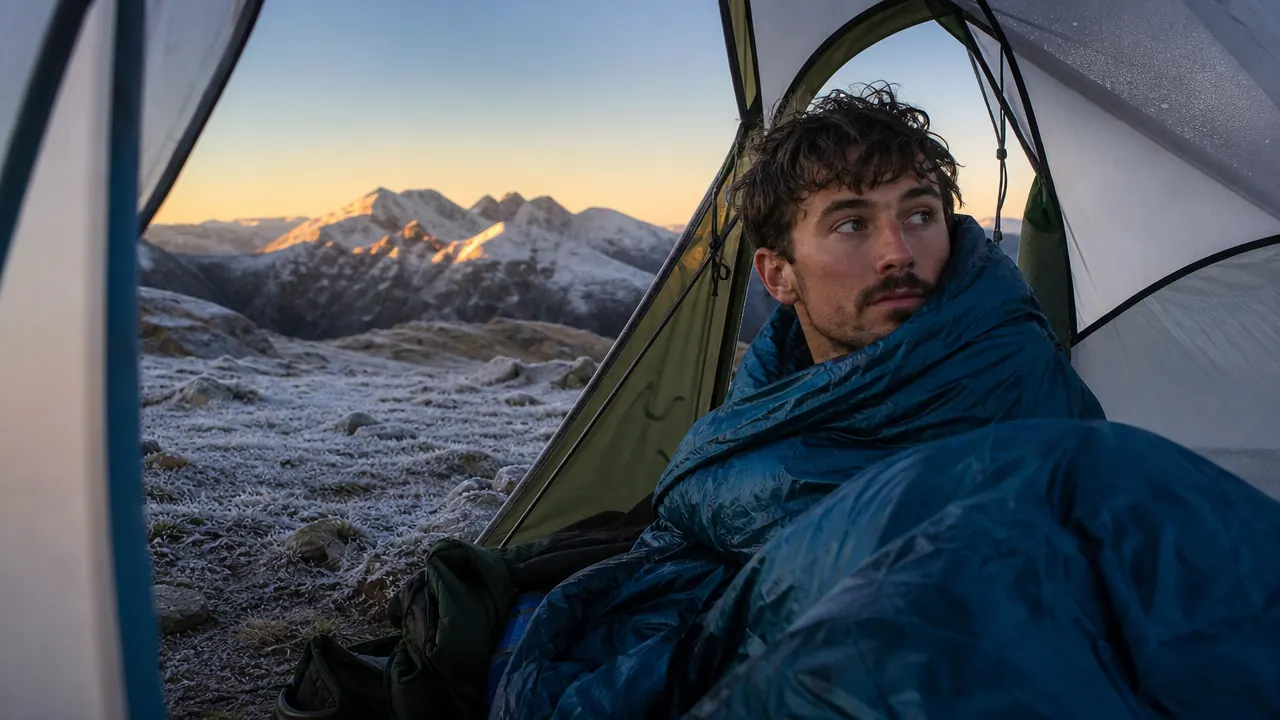 Sleeping bag laid out inside a backpacking tent on a cold morning with condensation on the tent walls