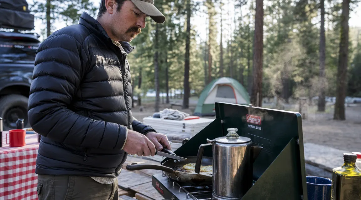 Two-burner camp stove on a picnic table with eggs cooking on one side and a pot of coffee on the other, pine trees in the background