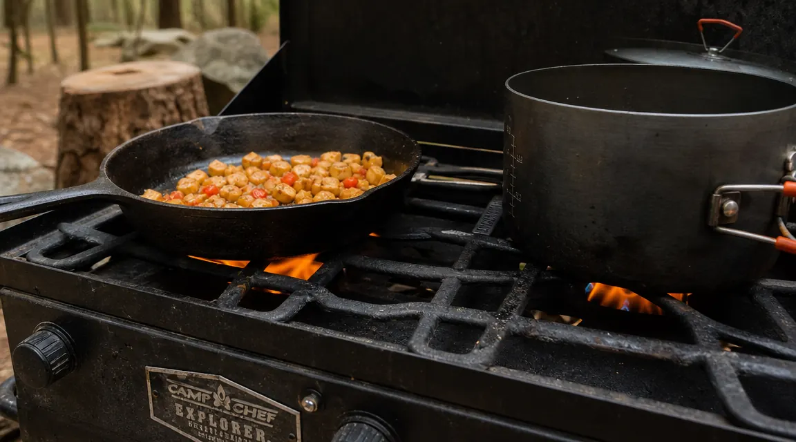 Camp Chef Explorer two-burner stove set up on a picnic table at a pine-forested campsite, morning light, cast iron skillet on left burner