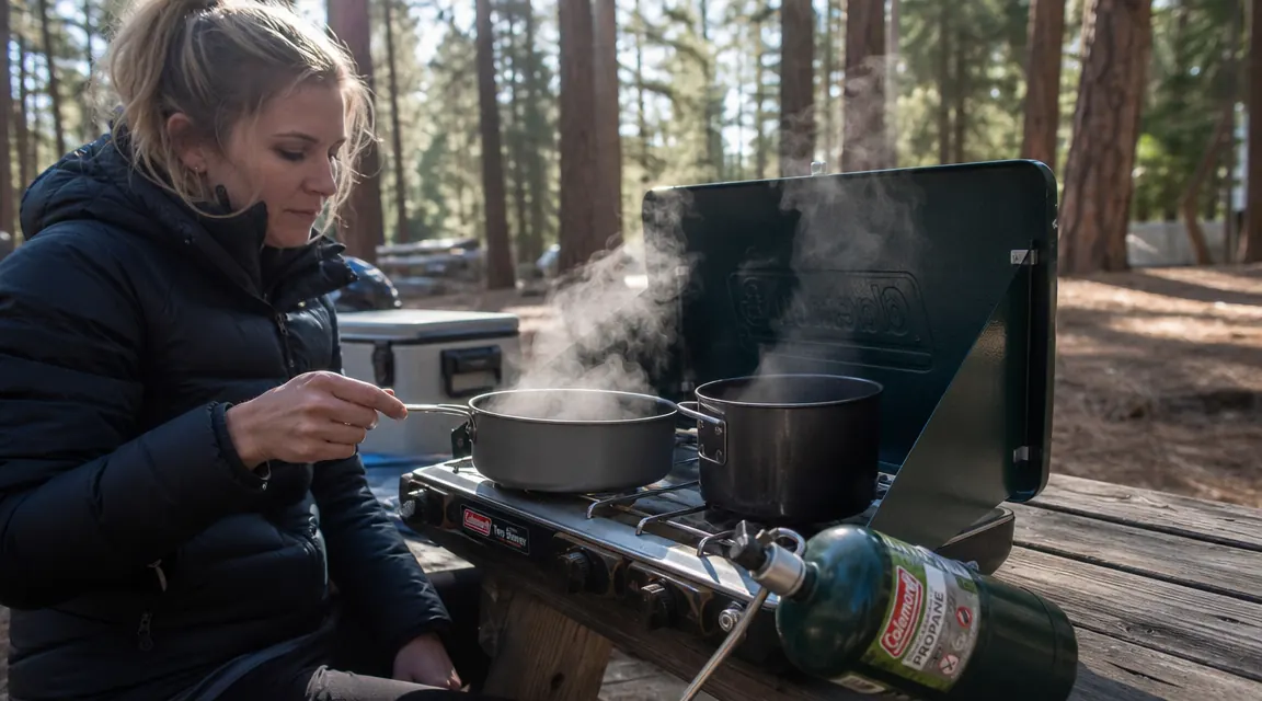 Camp Chef Explorer two-burner stove set up on a picnic table at a pine-shaded campsite, morning light catching steam rising from a cast iron skillet
