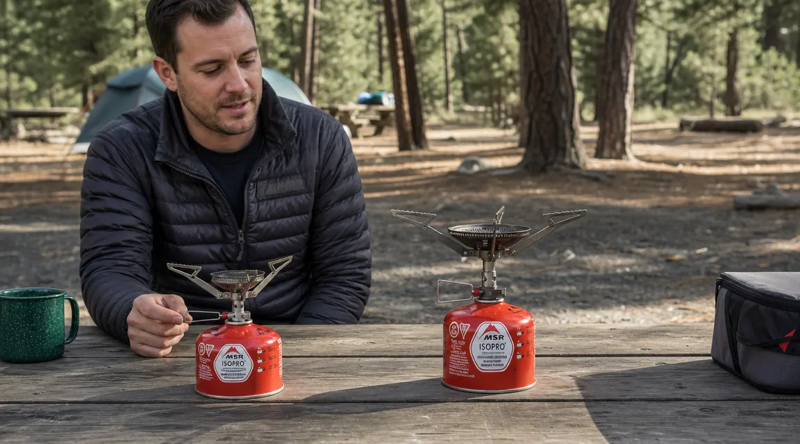 Camp Chef Explorer two-burner camp stove set up on a picnic table at a forested campsite with a cast iron skillet on the left burner