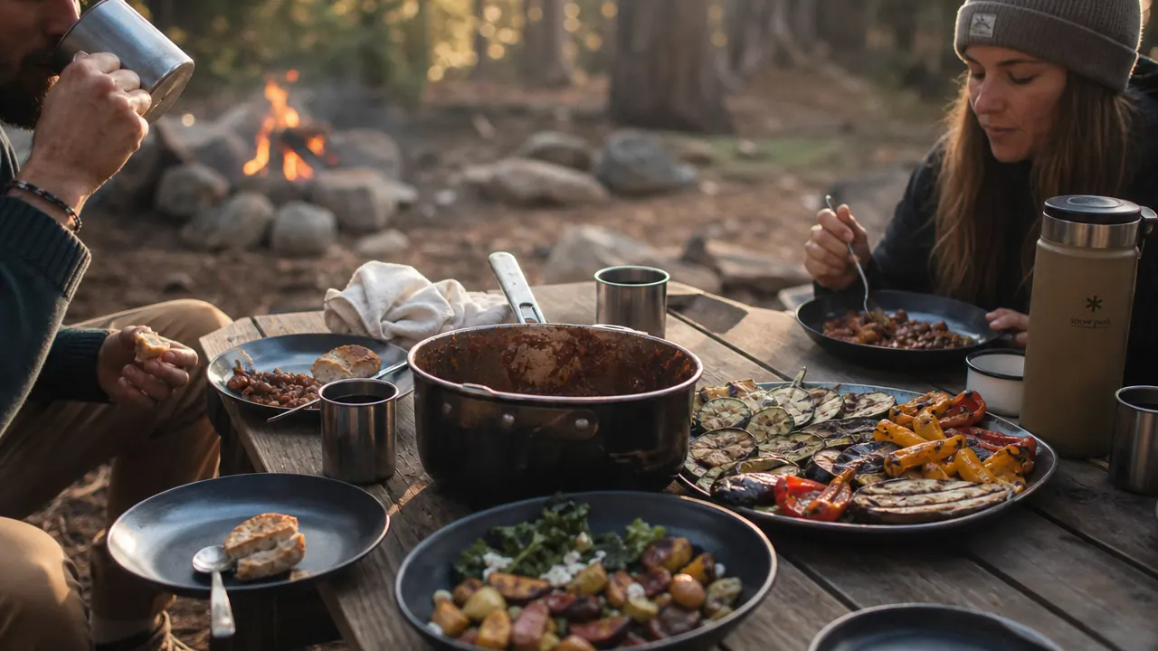Two-burner camp stove set up on a picnic table at a pine-forested campsite, morning light filtering through trees, cast iron skillet on one burner