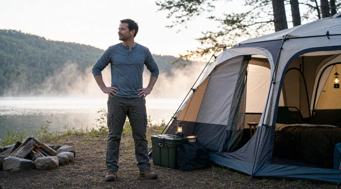Coleman Instant Tent pitched at a wooded campsite on a cloudy morning with condensation visible on the rainfly