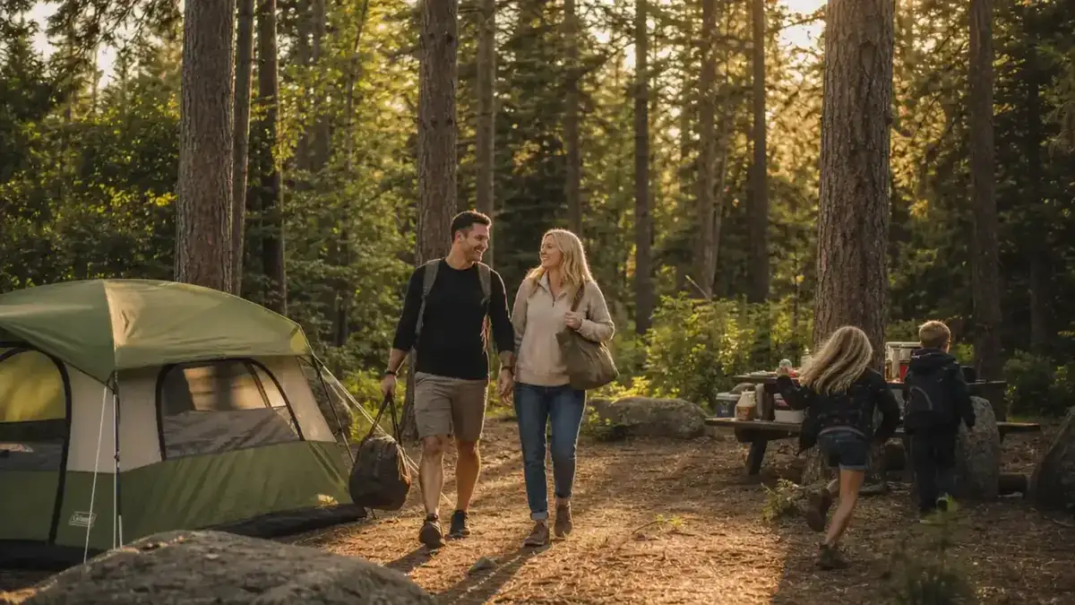 Coleman 6-person Instant Tent pitched on a grassy campsite with pine trees in the background at dusk
