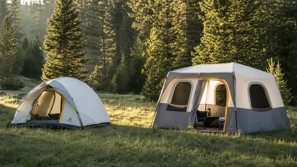 Coleman Instant Tent set up at a wooded campsite with morning light filtering through trees