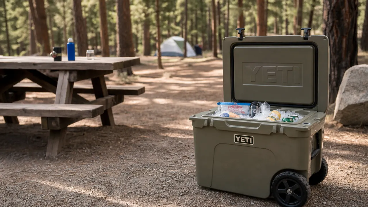 Coleman Classic Rolling Cooler with lid open on a picnic table at a shaded campsite, ice and food visible inside
