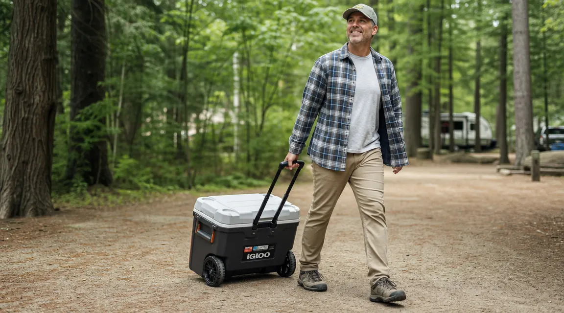 Coleman 62-quart rolling cooler on a gravel campsite path beside a truck tailgate at dusk