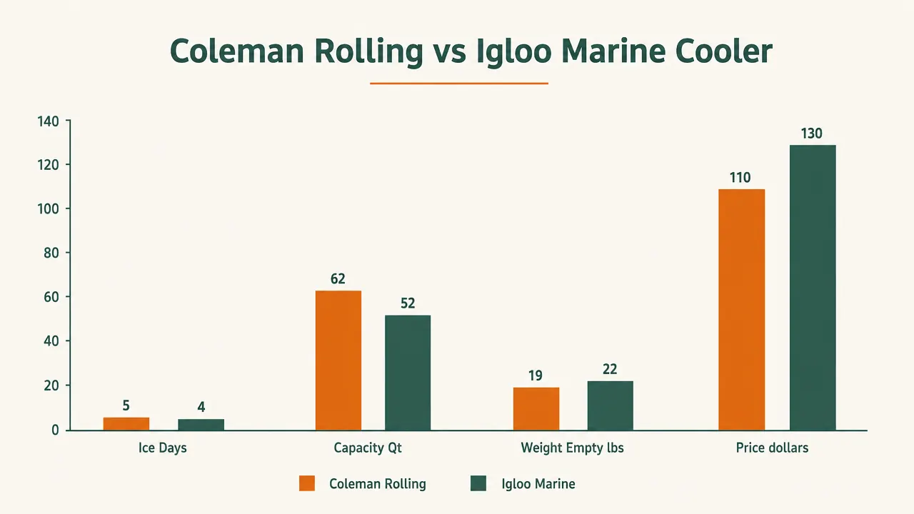 Side-by-side comparison chart showing ice retention days for Coleman Rolling Cooler versus Igloo Marine Cooler across three ambient temperatures