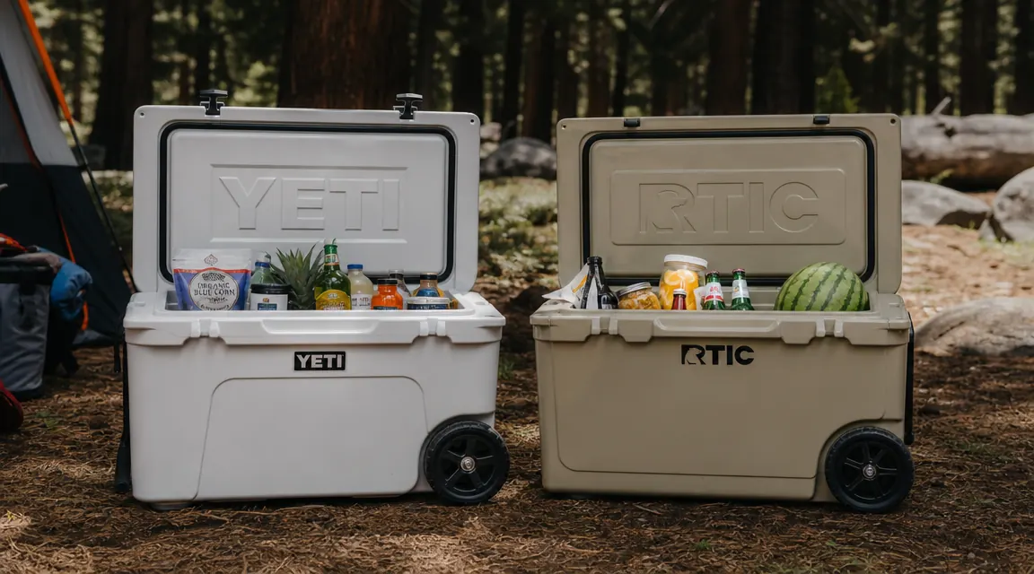 Coleman Classic Rolling Cooler parked beside a campsite picnic table with a forest background and morning light