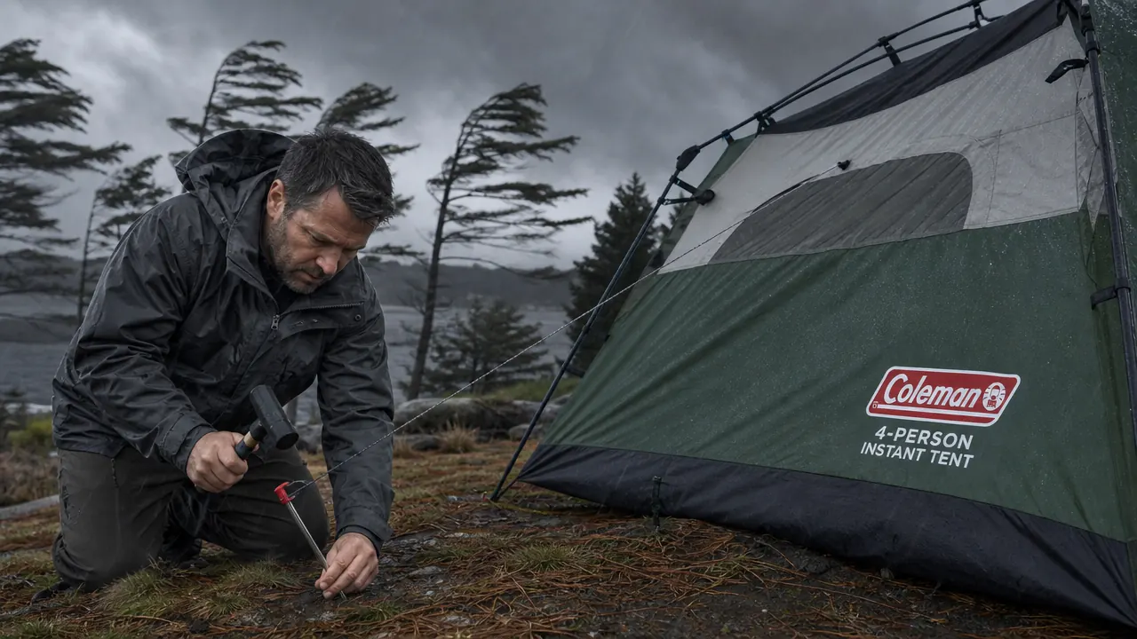 Coleman Instant Tent being unfolded in low evening light, pre-attached poles fanning outward from the center hub