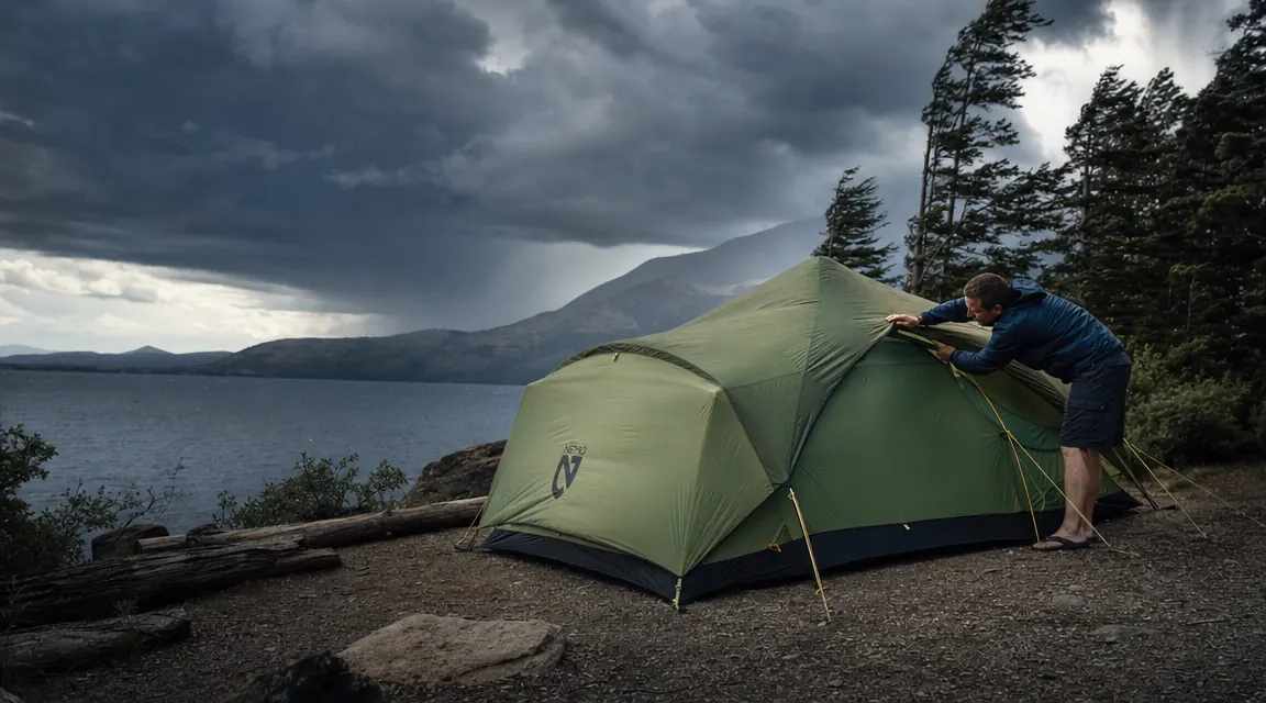Family of six setting up camp at dusk in a pine forest clearing, kids carrying gear bags toward a green tent