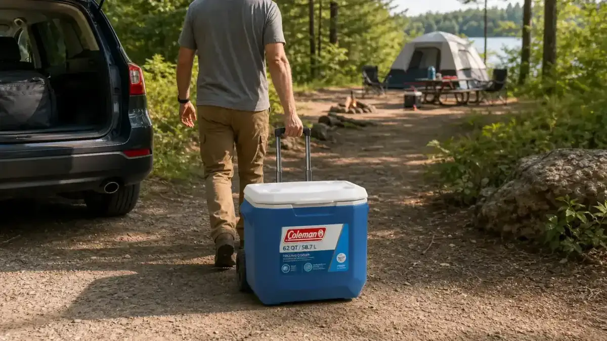 Hands gripping the telescoping handle of the Coleman rolling cooler while rolling it across packed dirt