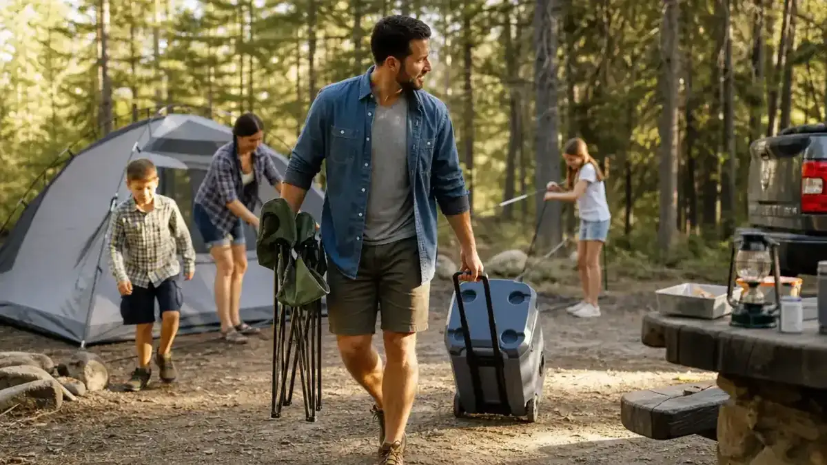 Coleman rolling cooler on a gravel campsite path beside a pickup truck, morning light through pine trees