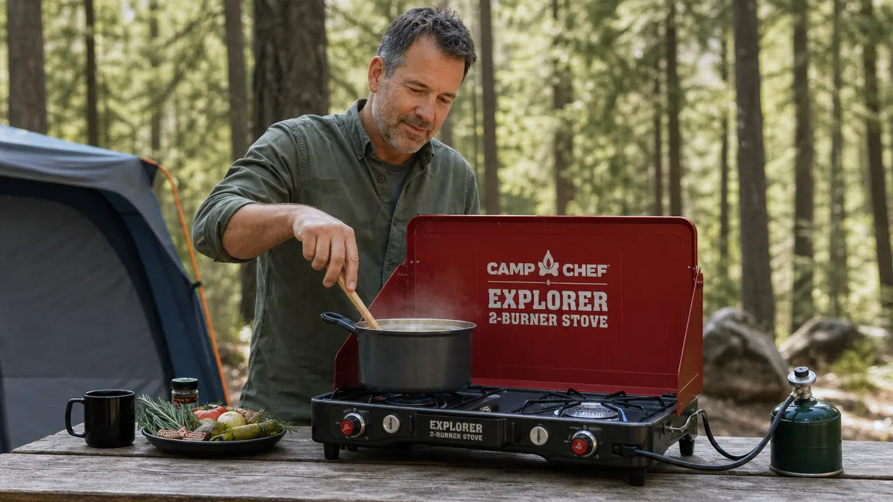 Hands adjusting the burner knob on a Camp Chef Explorer stove, flame visible at low setting