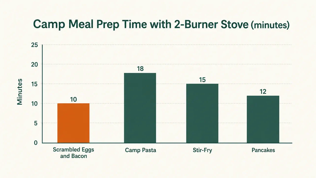 Diagram showing two-burner stove timing chart: eggs on left burner at minute 0, bacon on right burner at minute 2, toast on griddle at minute 5