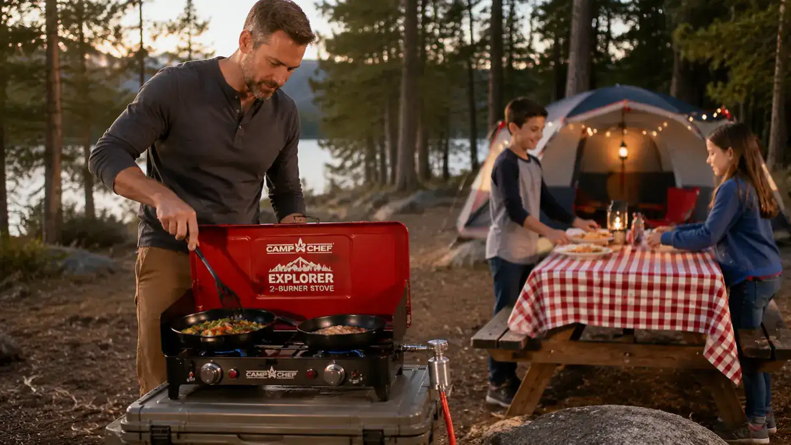 Camp Chef Explorer stove with windscreen panels raised, flame steady under a dutch oven in a light breeze