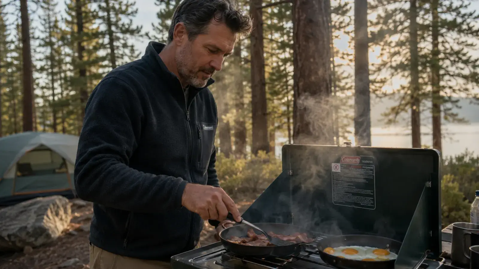 Two-burner camp stove with cast iron skillet and pot on a wooden picnic table at a forested campsite, morning light