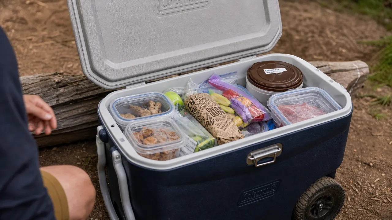 Coleman rolling cooler positioned in campsite shade next to a picnic table with food containers visible through the open lid