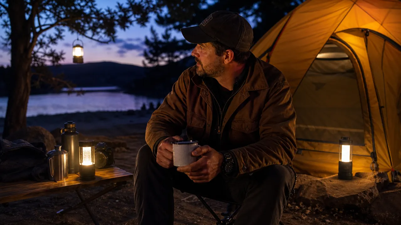 A campsite picnic table lit by a green rechargeable lantern at dusk, forest in soft focus behind