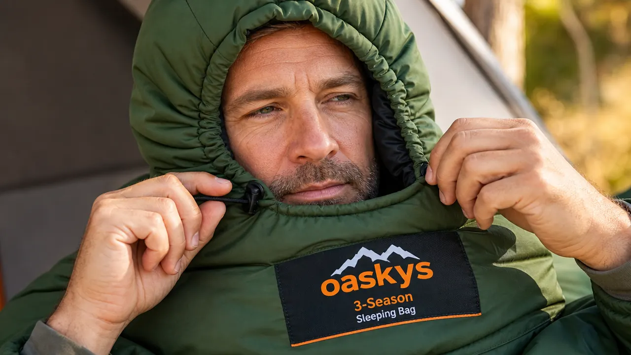 Camper in merino wool base layers and wool hat sitting up inside an oaskys sleeping bag drinking from a camp mug