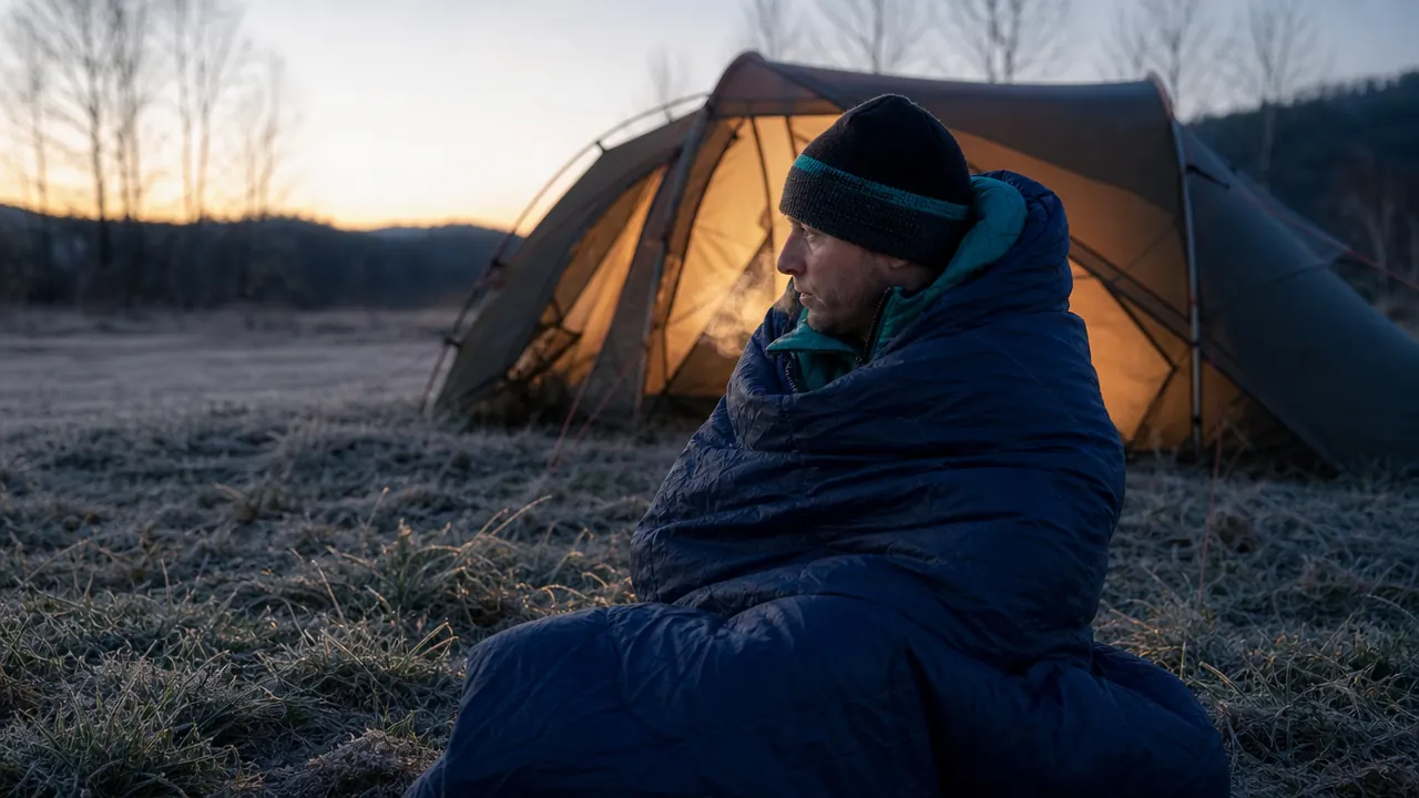 Camper tucked into a sleeping bag inside a tent with frost on the rain fly at dawn