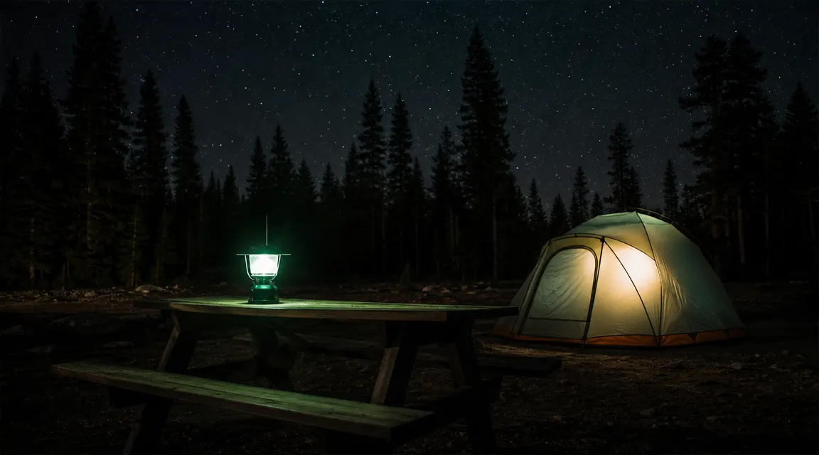 Green Lepro rechargeable camping lantern glowing on a picnic table at dusk, pine trees blurred in the background