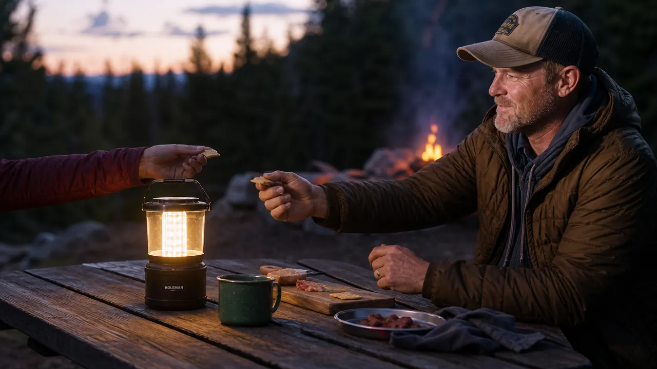 Lepro green LED camping lantern on a rain-wet picnic table at night, condensation visible on the housing, forest campsite background