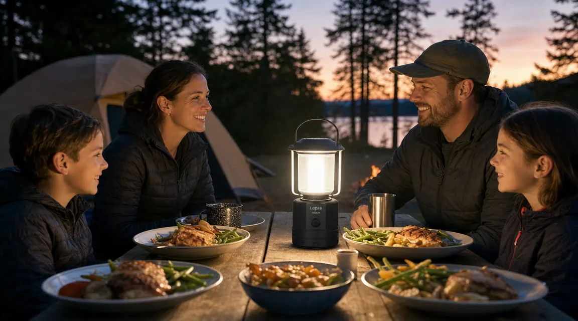 Lepro lantern hanging from a tent ridgeline inside a tent, casting even light across sleeping bags