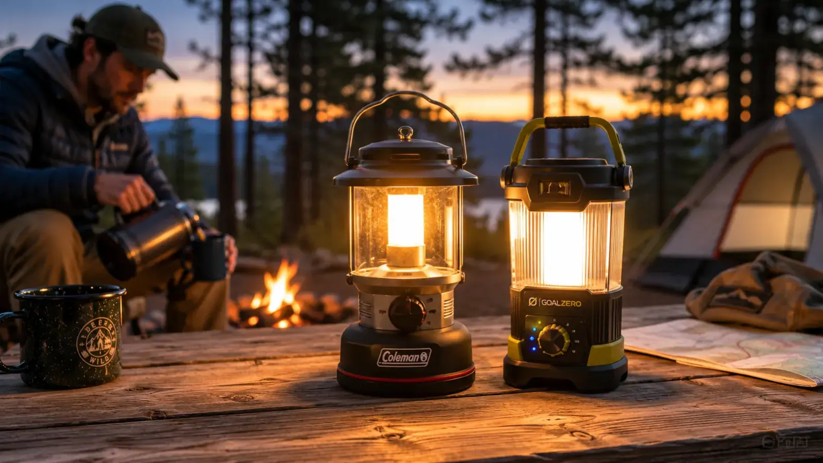 Two camping lanterns side by side on a picnic table at dusk, one glowing brightly and one dimmer, pine trees in background