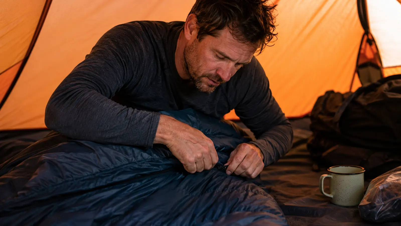 oaskys sleeping bag unrolled on a tent floor at a forested campsite, early morning light coming through mesh windows