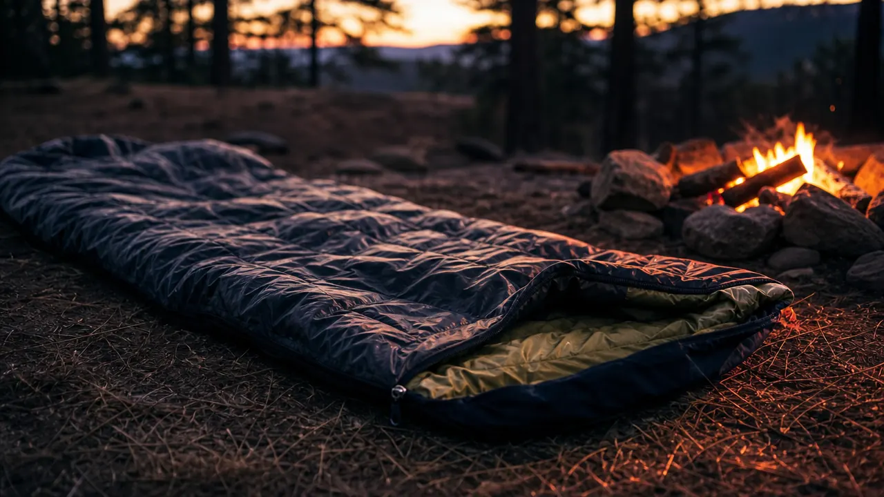 campsite at dusk with sleeping bag visible through open tent door, trees in background