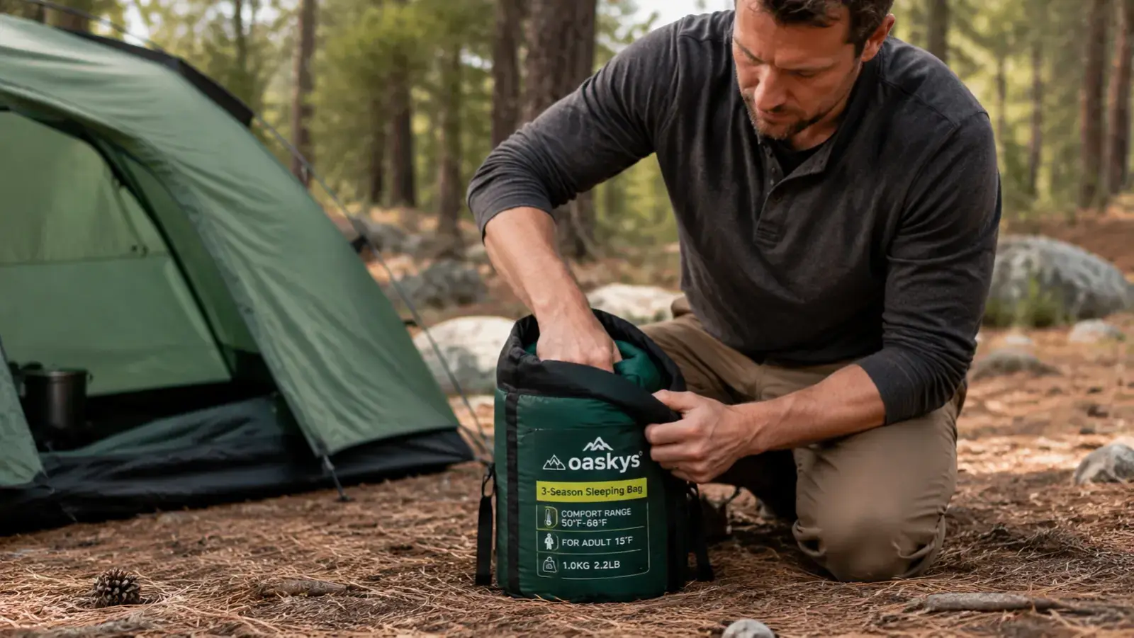 oaskys sleeping bag compressed into its stuff sack next to a standard water bottle for size reference