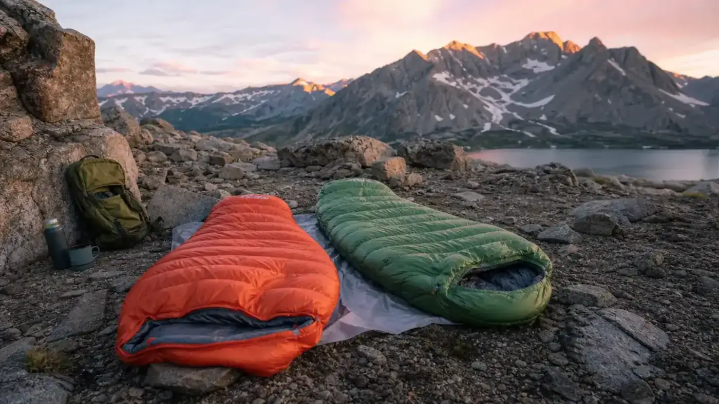 Two sleeping bags unrolled side by side on a campsite ground cloth, morning light filtering through pine trees